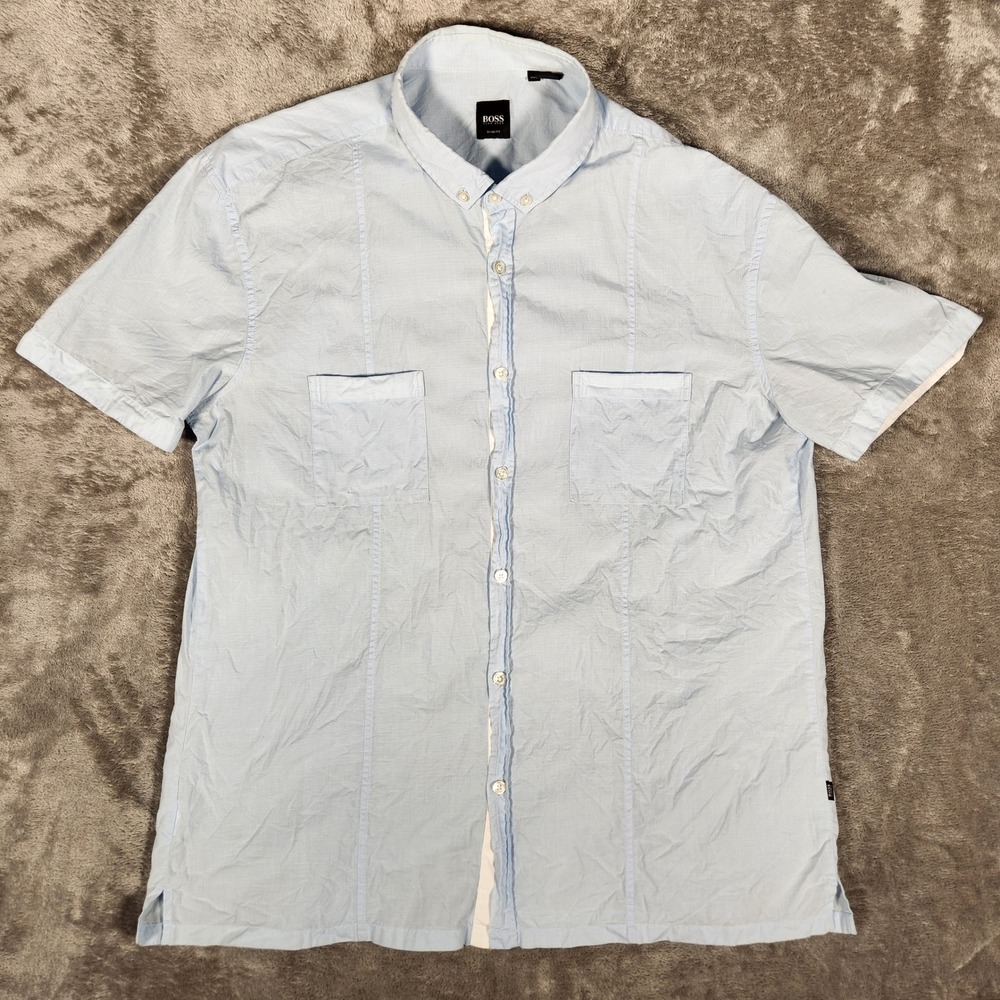 BOSS‎ Hugo Boss Button Up Shirt Mens XXL Light Blue Excellent Slim Fit Check SS